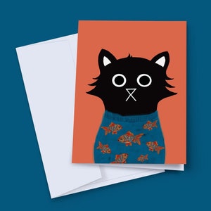 Tarjeta de caridad de gato, tarjeta de cumpleaños, tarjeta de gato nerd, amantes de los gatos, gato en un saltador, pez dorado, tarjeta de gato lindo, tarjeta de gato negro, tarjeta del gato