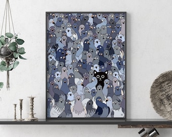 Cat Among The Pigeons 2 Wall Art Print, Wall Art Print , Funny, Pigeon Print, Be You Print, Stand Out From The Crowd, Cat Art, Pigeon Art
