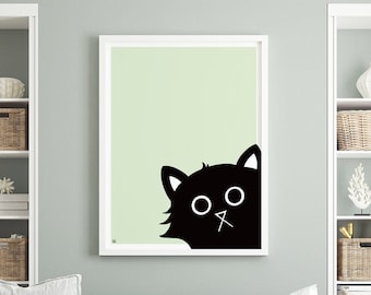 Curious Black Cat Art Print: Whimsical Wall Decor