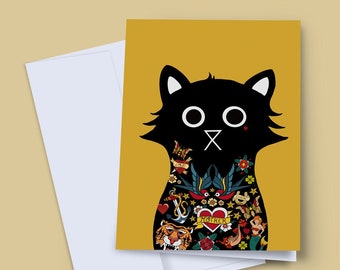 Jerry Tattoo Cat Card, Thanks Card, Just Because Card, Punk Card, Sailor Jerry Card, Tattoo Card, Black Cat Card, Birthday Card, Blank Card
