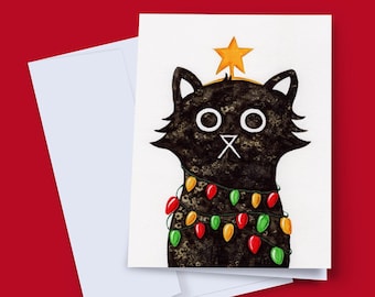 Cat Christmas Card, Diwali Card, Black Cat Card, Funny Black Cat Card, Card from the Cat, Blank Christmas Cat Card, Cute Xmas, Illuminating