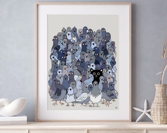 Cat Among The Pigeons 1 Wall Art Print , Funny Print, Pigeon Print, Be You Print, Stand Out From The Crowd, Cat Art, Pigeon Art, Cat Gift