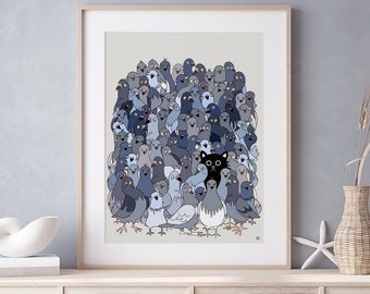 Katze unter den Tauben 1 Wandkunstdruck, lustiger Druck, Taubendruck, Be You Print, Heb dich von der Masse ab, Katzenkunst, Taubenkunst, Katzengeschenk