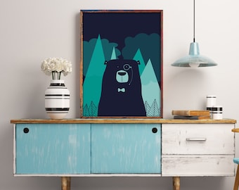 Nordic Bear Art Print: Teal Blue Scandi Decor