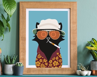 Hunter S. Cat Wand Kunst Druck, Film Druck, lustiges Geschenk für Katzenliebhaber, Fear And Loathing In Las Vegas Parodie, Film Fan Geschenk
