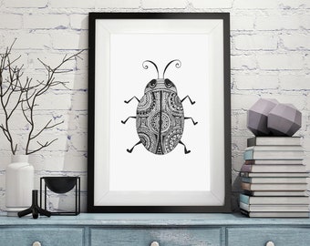 Love Bug Art Print, Wall Art Print, Black And White Print, Insect Print, Beetle Print, Bug Art, Kids Room Decor, Nursery Art, Love Gift