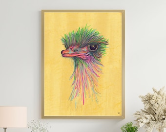 Ostrich Wall Art Print | Colourful Giclée Art Print | Funky Animal Art | Tropical Bird Print | Maximalist Home Décor | Olive the Ostrich