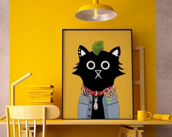 Punk Katze Wand Kunst Druck, Rocker Print, Punk Katze Kunst, Tiere in der Kleidung, Tierkunst, Punk Rock, Katzen Kunst, Rocker, Wand-Dekor, Punk Kunst