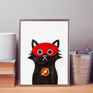 Flash Style Cat Wall Art Print, Superhero Print, Superhero Cat Print, Superhero Art, Cat Art, Kids Bedroom Decor