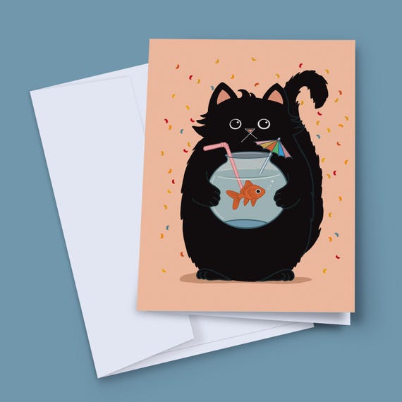 Funny Cat Birthday Card, Black Cat Party Animal Card, Goldfish Cocktail Card, Blank Inside, Cat Lover Gift, UK Made