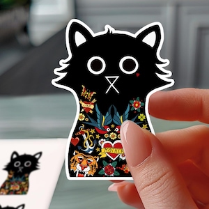 Black Cat Vinyl Sticker, Black Cat with Sailor Jerry Style Tattoos, Retro Tattoo Art Cat Sticker, Cute Cat Lover Decal, Laptop Sticker