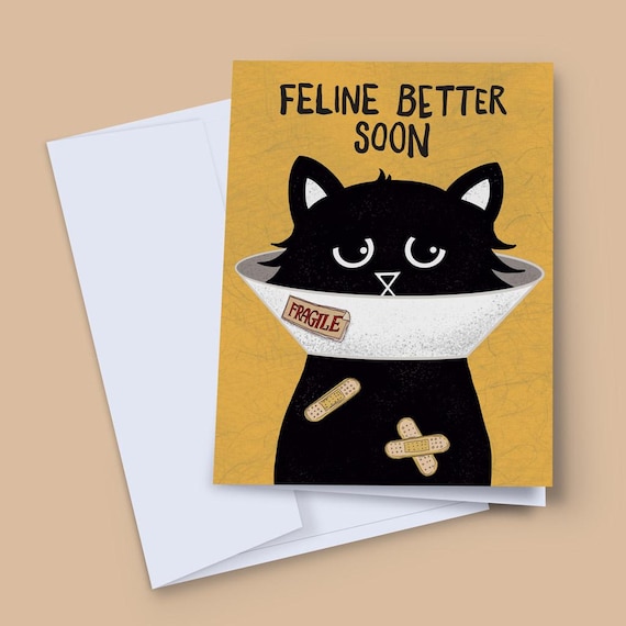 Get Well Soon Cat Card – Feline Better Soon Funny Black Cat