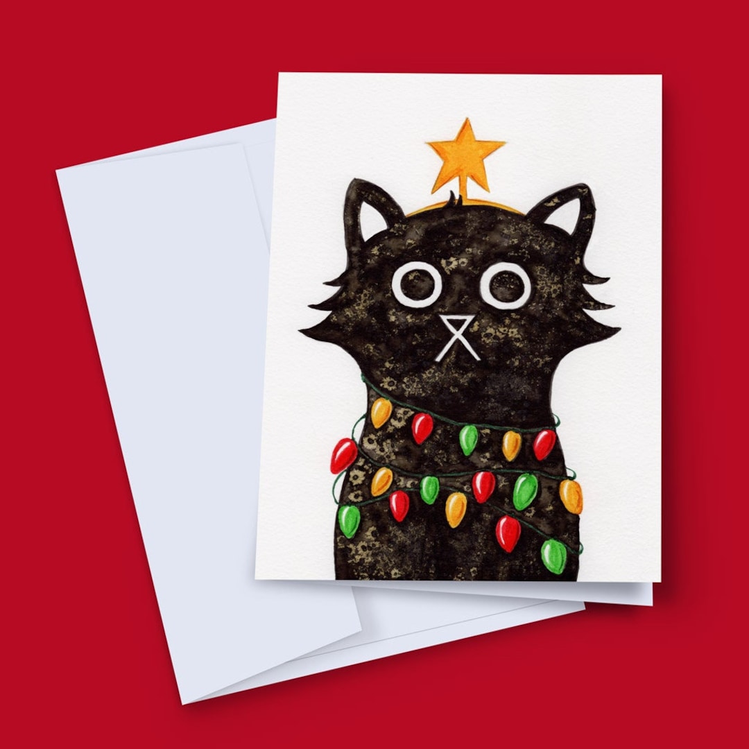 Cat Christmas Card, Diwali Card, Black Cat Card, Funny Black Cat Card ...
