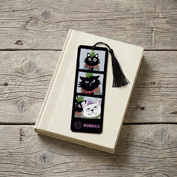 Funny Cat Bookmark, Black Cat Bookmark, Cat Lover Gift, Book Lover Gift, Punk Cat Illustration, Reader Gift, Animal Bookmark