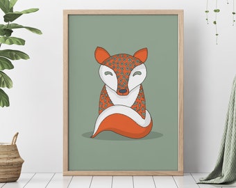 Crafty Fox Art Print: Orange Floral Fox, Nursery Decor