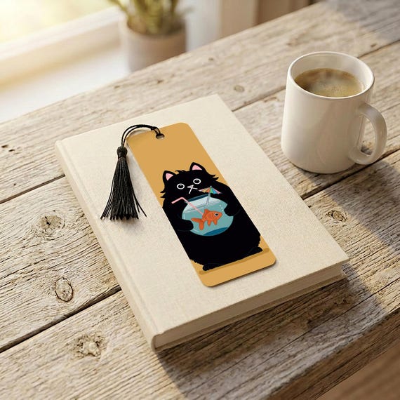 Funny Cat Bookmark, Black Cat Gift, Fishbowl Cat Bookmark with Tassel, Cat Lover Gift, Bookworm Gift, Reader Gift, Illustrated Bookmark