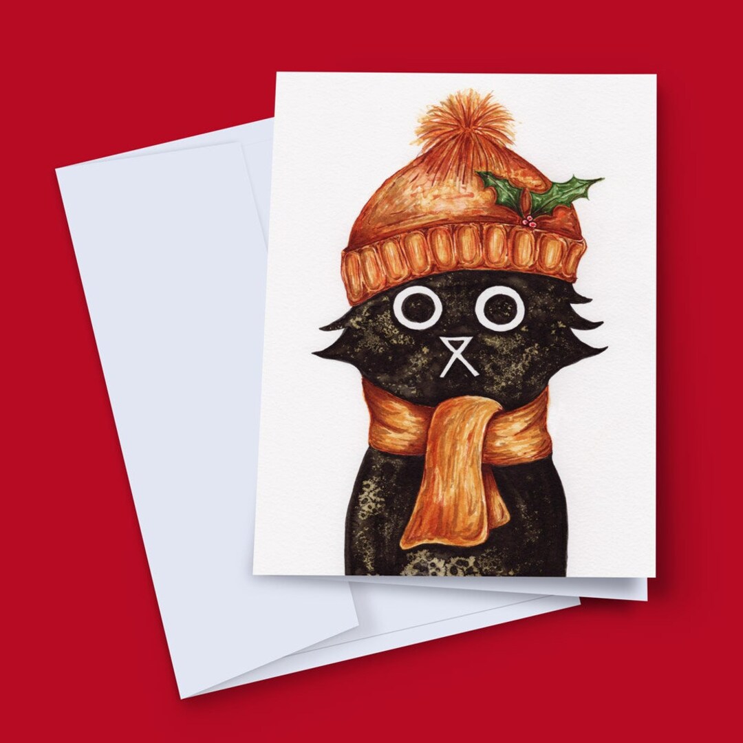 Holly Cat Christmas Card Black Cat Christmas Card Cute Black Etsy UK