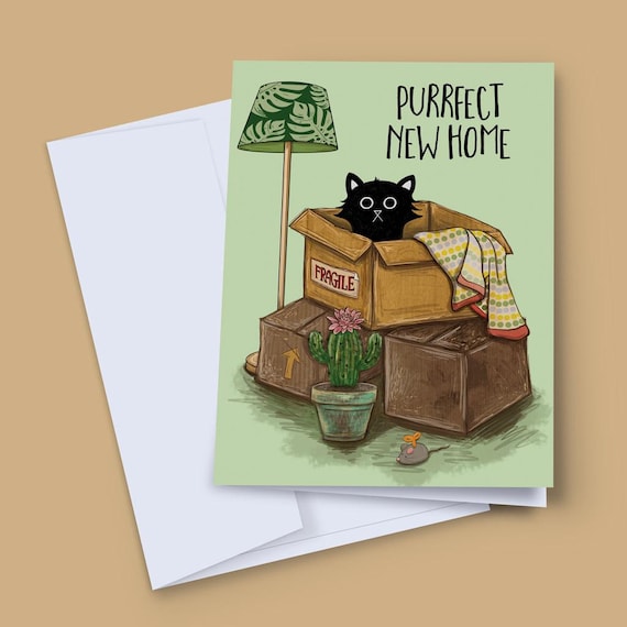 Purrfect New Home Card - Black Cat in Boxes, Funny Housewarming Gift for Cat Lovers