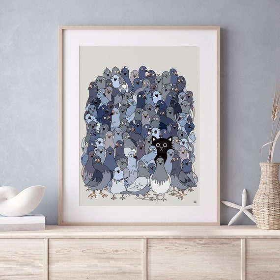 Cat Among The Pigeons 1 Wall Art Print , Funny Print, Pigeon Print, Be You Print, Stand Out From The Crowd, Cat Art, Pigeon Art, Cat Gift