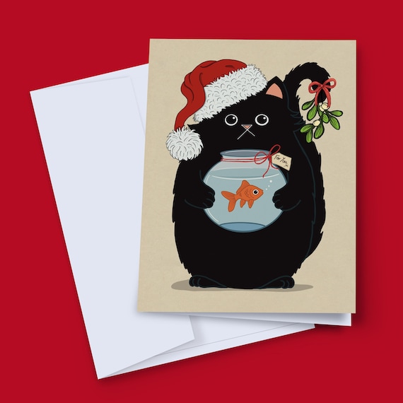 Black Cat Christmas Card, Cat in Santa Hat with Goldfish Gift, Mistletoe Tail, For You Card, Blank Inside, UK Made