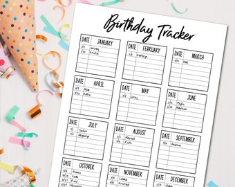 Printable Birthday Tracker, Birthday Planner, Birthday List, Birthday Log, Birthday Calendar, Birthday Reminder, Birthday Log,  Printables