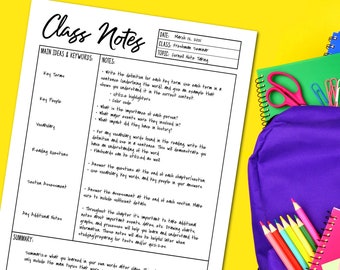 Printable Cornell Notes, Class Notes, School Notes, Student Planner, Academic Planner, Study Notes, Note Taking Template, Notes Template