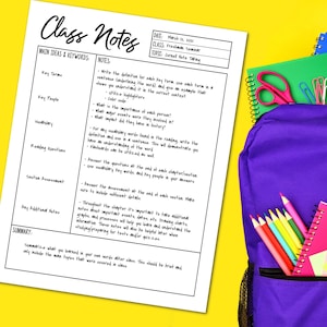 May include: A black and white printable worksheet with the title "Class Notes" and headings for "Main Ideas & Keywords" and "Notes". The worksheet includes sections for key terms, key people, vocabulary, reading questions, section assessment, and any additional notes. The worksheet also includes a summary section at the bottom.