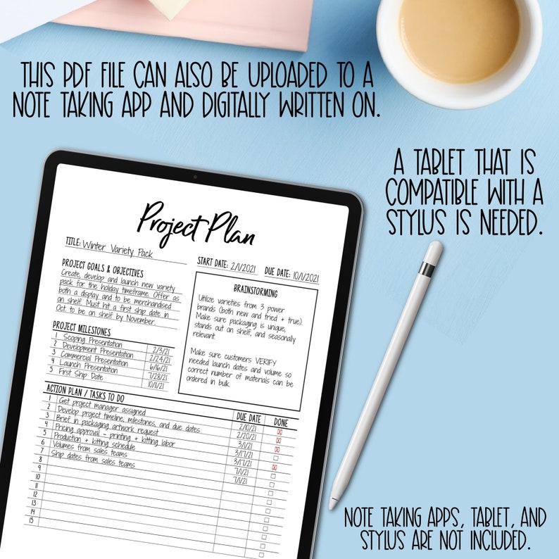 May include: A black and white project plan template for a winter variety pack. The template includes sections for project goals, objectives, milestones, action plan, tasks, due dates, and a brainstorming section. The template is designed to be used with a tablet and stylus.