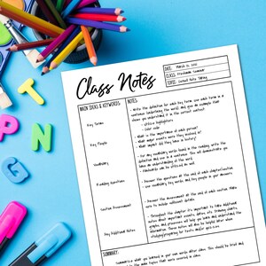 May include: A black and white printable worksheet titled "Class Notes" with sections for "Main Ideas & Keywords" and "Notes". The worksheet is designed for taking notes in a seminar class. The worksheet includes sections for key terms, key people, vocabulary, reading questions, section assessment, and any additional notes.