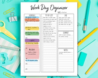 Work Day Organizer, Office Organizer, Daily Planner Page, Work Planner, Daily Printable Planner, Digital Planner, To Do List, Planner Insert