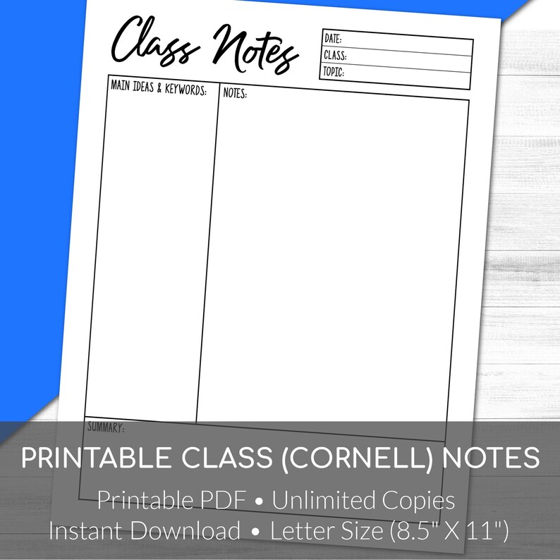 May include: Printable Cornell note-taking template with sections for main ideas, notes, and a summary. The template is designed for letter-sized paper (8.5 inches by 11 inches).