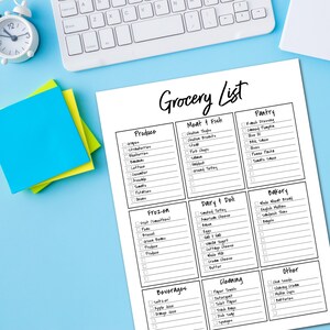 May include: A printable grocery list with checkboxes for various food categories, including produce, meat and fish, pantry, frozen, dairy and deli, bakery, beverages, cleaning, and other. The list is divided into nine sections, each with a title and a list of items.