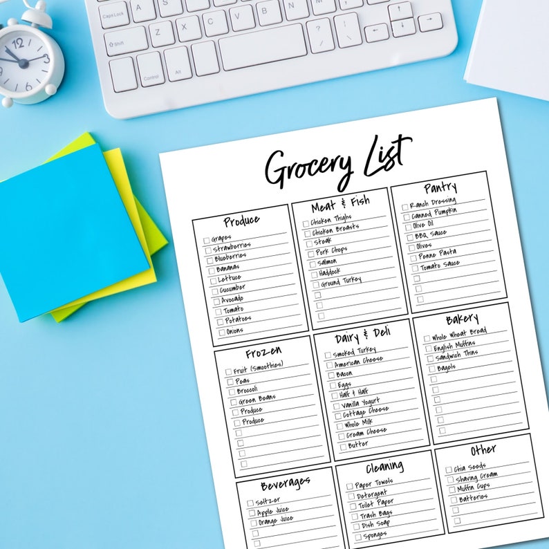 May include: A printable grocery list with checkboxes for various food categories, including produce, meat and fish, pantry, frozen, dairy and deli, bakery, beverages, cleaning, and other. The list is divided into nine sections, each with a title and a list of items.