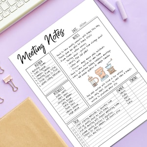 Printable Meeting Notes Template, Work Day Organizer, Office Organizer, Daily Work Planner, Digital Planner, Planner Inserts, Daily Planner