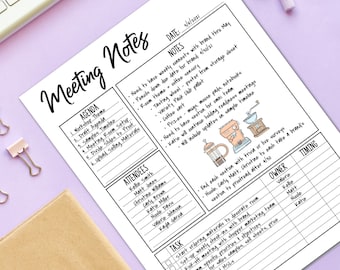 Printable Meeting Notes Template, Work Day Organizer, Office Organizer, Daily Work Planner, Digital Planner, Planner Inserts, Daily Planner