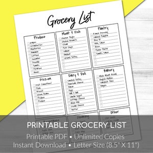 May include: A printable grocery list with checkboxes for various food categories, including produce, meat and fish, dairy and deli, pantry, bakery, frozen, beverages, cleaning, and other. The list is designed for letter size paper (8.5 inches by 11 inches).