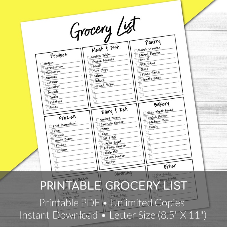 May include: A printable grocery list with checkboxes for various food categories, including produce, meat and fish, dairy and deli, pantry, bakery, frozen, beverages, cleaning, and other. The list is designed for letter size paper (8.5 inches by 11 inches).