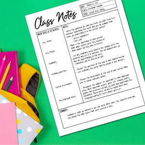 May include: A black and white printable class notes template with the title "Class Notes" and headings for "Main Ideas & Keywords" and "Notes". The template includes sections for key terms, key people, vocabulary, reading questions, section assessment, any additional notes, and a summary.