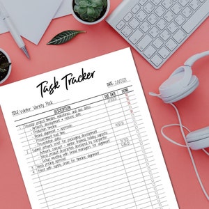 May include: A white printable task tracker sheet with a black title "Task Tracker" and the text "TITLE: Winter Variety Pack" and "DATE: 2/1/2021". The sheet has columns for "DESCRIPTION", "DUE DATE", and "DONE".
