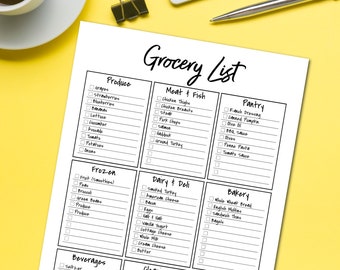Puede incluir: Una lista de la compra imprimible con casillas de verificación para varias categorías de alimentos, que incluyen productos frescos, carne y pescado, despensa, congelados, lácteos y charcutería, panadería, bebidas, limpieza y otros. La lista está organizada en una cuadrícula con cada categoría en su propia columna.