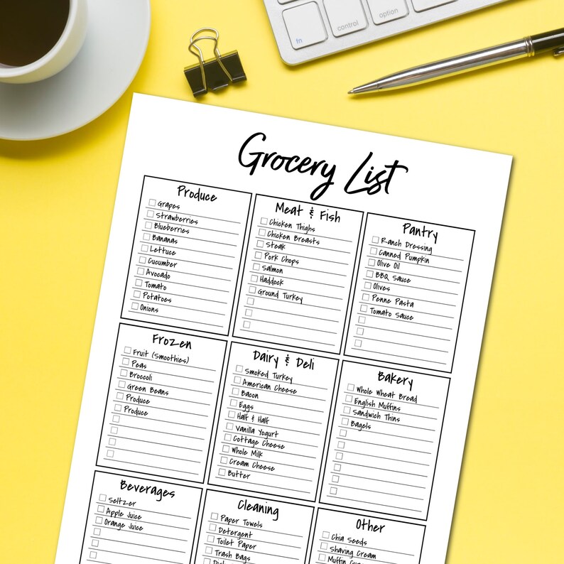 May include: A printable grocery list with checkboxes for various food categories, including produce, meat and fish, pantry, frozen, dairy and deli, bakery, beverages, cleaning, and other. The list is organized into a grid with each category having its own column.