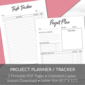 May include: Two printable pages for planning and tracking projects. The first page is a task tracker with sections for title, description, due date, and done. The second page is a project plan with sections for title, project goals and objectives, project milestones, action plan/tasks to do, start date, due date, and brainstorming. The pages are designed for A4 paper (210 mm by 297 mm).