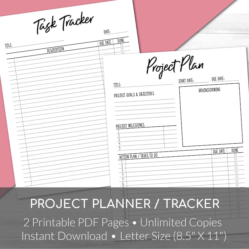 May include: Two printable pages for planning and tracking projects. The first page is a task tracker with sections for title, description, due date, and done. The second page is a project plan with sections for title, project goals and objectives, project milestones, action plan/tasks to do, start date, due date, and brainstorming. The pages are designed for A4 paper (210 mm by 297 mm).