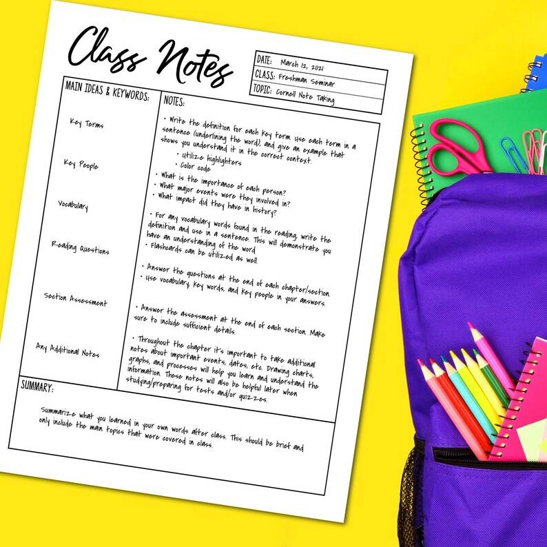 May include: A black and white printable worksheet with the title "Class Notes" and headings for "Main Ideas & Keywords" and "Notes". The worksheet includes sections for key terms, key people, vocabulary, reading questions, section assessment, and any additional notes. The worksheet also includes a summary section at the bottom.