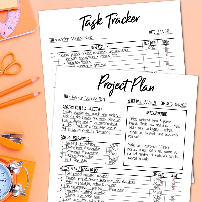 May include: A black and white project plan template with the title "Project Plan" and the subtitle "Winter Variety Pack". The plan includes sections for project goals and objectives, project milestones, action plan/tasks to do, brainstorming, and a task tracker. The template is designed to help organise and manage a project.