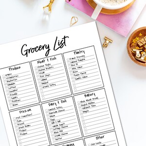 May include: A printable grocery list with checkboxes for different categories of food items, including produce, meat and fish, dairy and deli, pantry, bakery, and other. The list is organized in a grid format with each category having its own column.