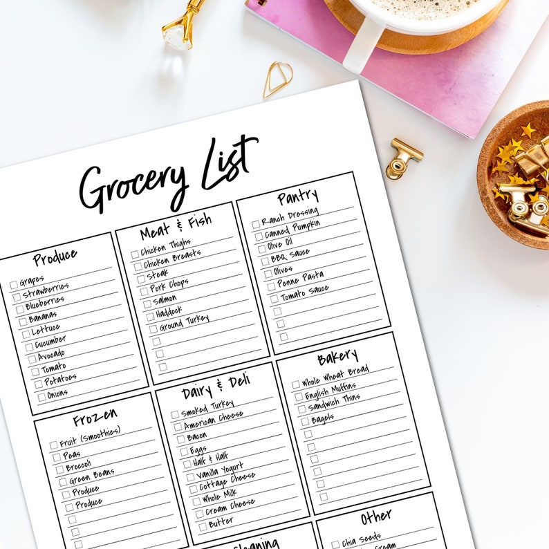 May include: A printable grocery list with checkboxes for different categories of food items, including produce, meat and fish, dairy and deli, pantry, bakery, and other. The list is organized in a grid format with each category having its own column.