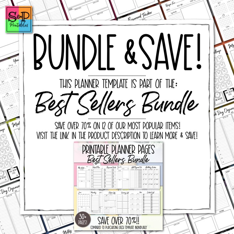 May include: A digital download of printable planner pages. The image shows a collection of planner pages with a variety of layouts and designs. The text "Best Sellers Bundle" is featured on the image. The text "Save over 70%!!" is also featured on the image.