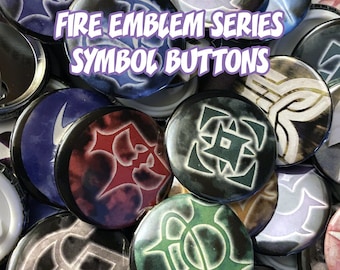 May include: A collection of Fire Emblem series symbol buttons. The buttons are round and feature various black, white, red, green, and blue symbols on a black background.