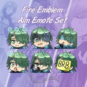 May include: A set of six digital emotes featuring a green-haired anime character with different expressions. The emotes include a surprised expression, a confused expression, a sleepy expression, a determined expression, a blushing expression, and a "BRB" expression.